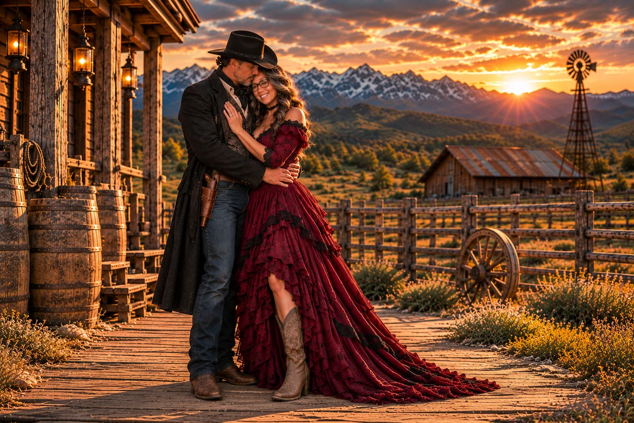 Embracing couple in the Western sunset ranch scene