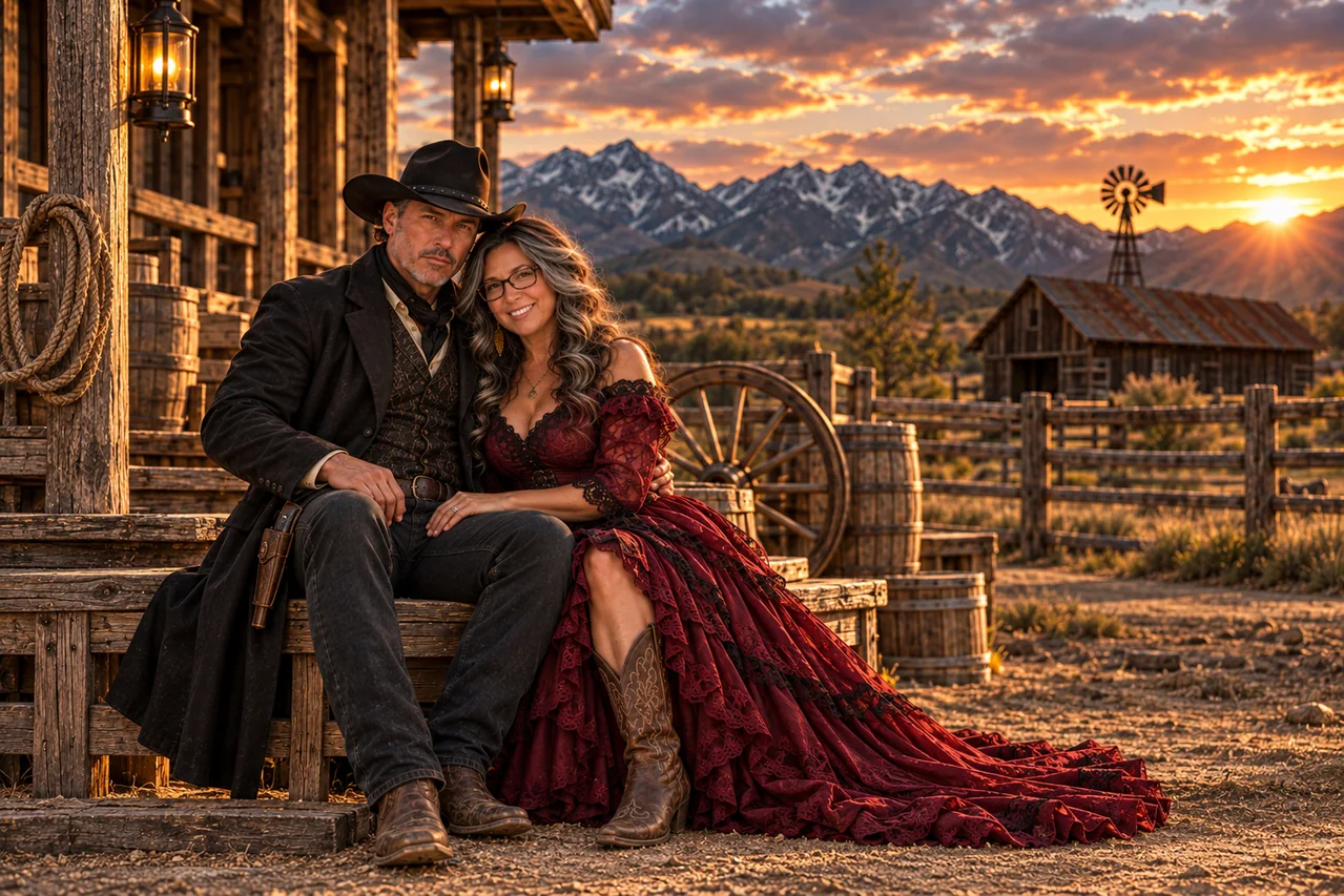 Seated couple in the Western sunset ranch scene
