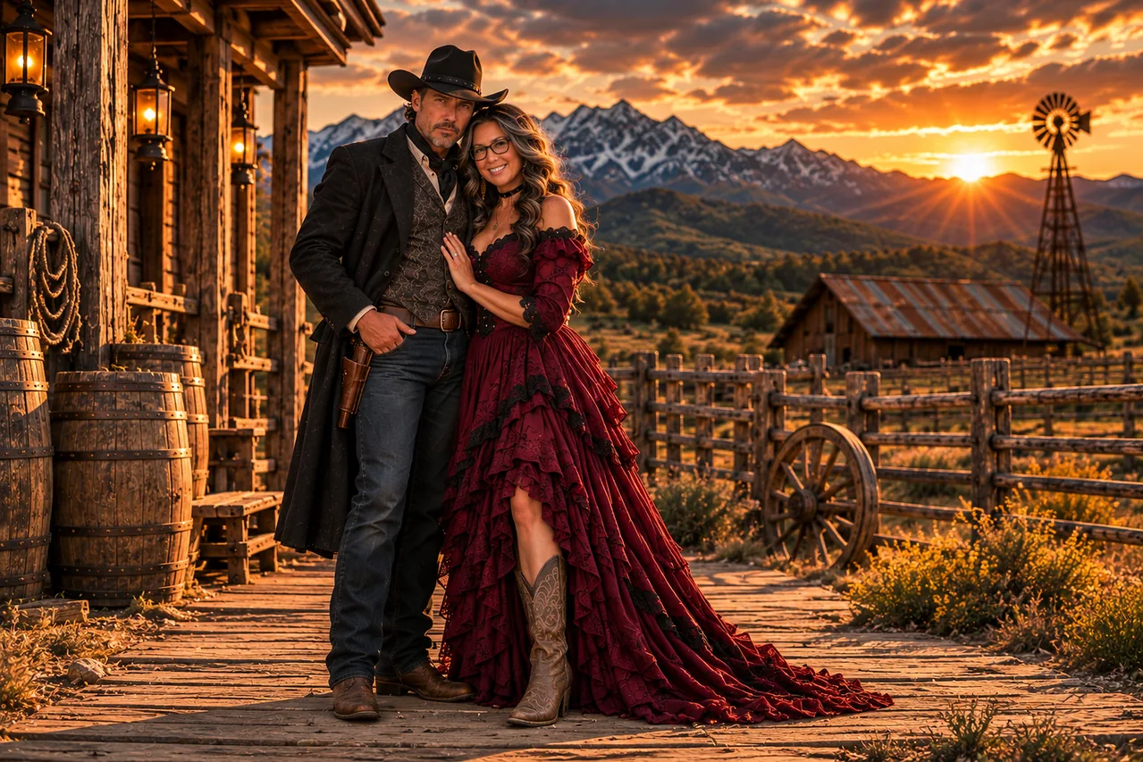 Standing couple in the Western sunset ranch scene